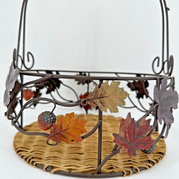 Fall Harvest Metal & Rattan Basket with Handle Autumn Decor Leaf‎ Acorn - Picture 2 of 9